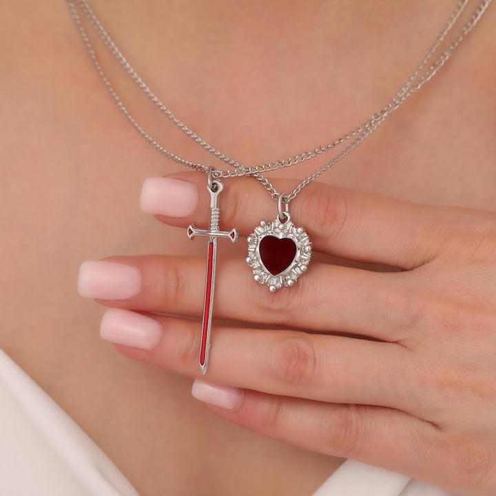 Colar gótico de coração e espada, colar de casal combinando, joias para amantes, romântico, joias elegantes