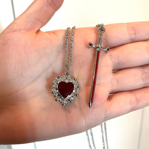 Colar gótico de coração e espada, colar de casal combinando, joias para amantes, romântico, joias elegantes