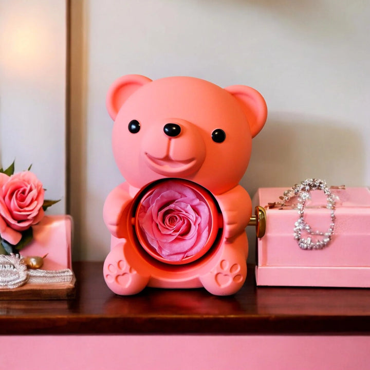 Colar De Coração Gravado Com Caixa De Presente De Urso Rosa Real Caixa De Presente Em Formato De Rosa Caixa De Presente De Joias
