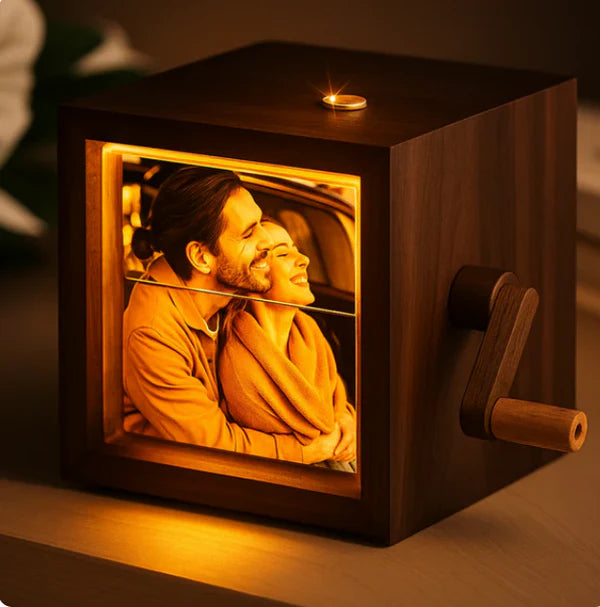 Caixa de fotos personalizada com manivela