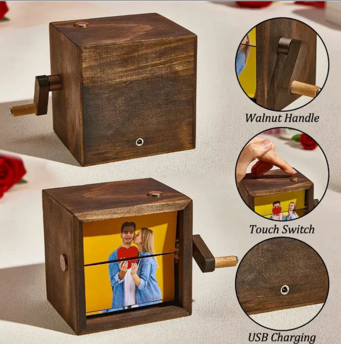 Caixa de fotos personalizada com manivela